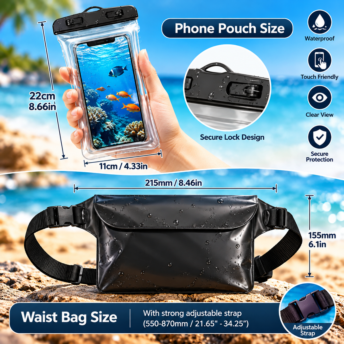 Combo Waterproof Waist Bag & Phone Pouch Set